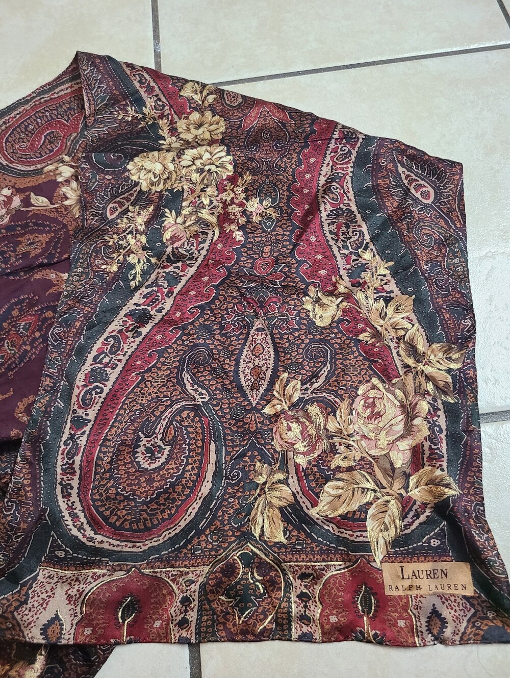 Vintage Lauren By Ralph Lauren Paisley Floral Scarf - Burgundy and Gold - Picture 7 of 7